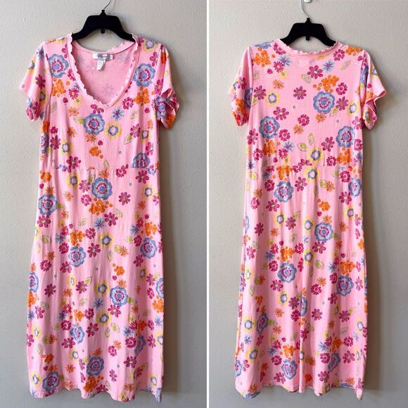 Vintage 90s Fresh Produce Pink Floral Cotton Midi Dress Small V-Neck USA Made - Picture 1 of 5